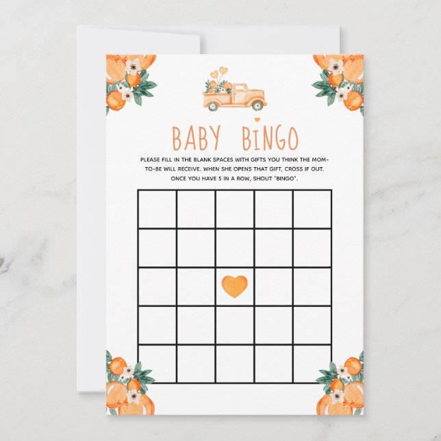 Invitación Pequeños Naranjas cortos Baby Shower Bingo de Bebé (Anverso)