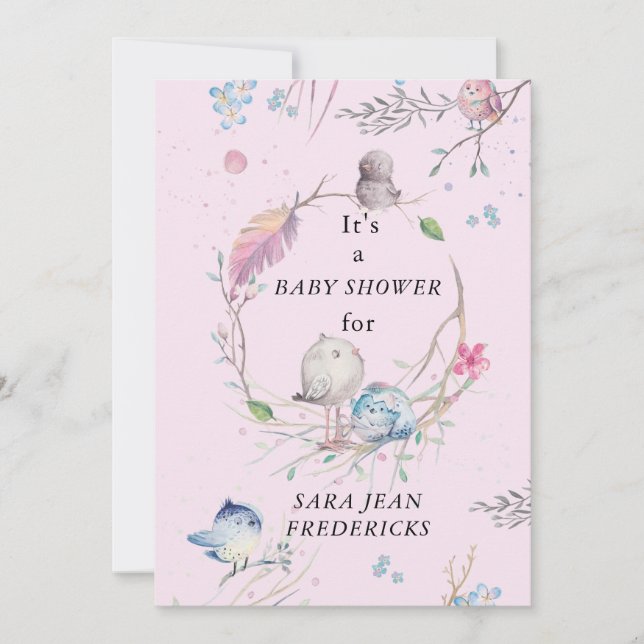 Invitación Pequeños pájaros Baby Shower rosado personalizado (Anverso)