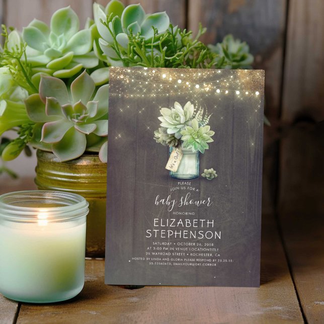 Invitación Pequeños Sucultores Mason Jar Rustic Baby Shower (Succulents Greenery Mason Jar Vase Rustic Baby Shower Invitations)
