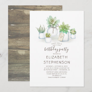 Invitación Pequeños Sucultores Mason Jars Cumpleaños Rústico
