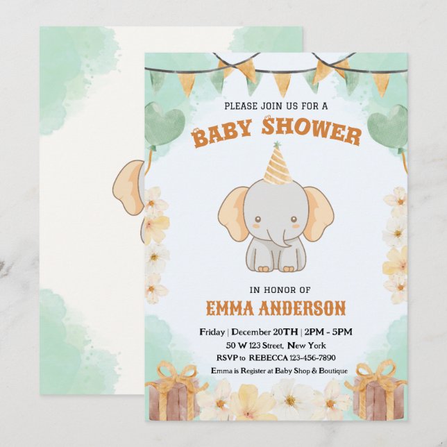 Invitación Pequeños sueños de maní - Baby Shower de elefantes (Anverso / Reverso)