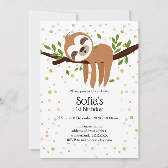 Invitación pereza, perezoso lindo, ilustracion animal (Anverso)