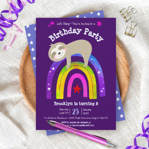 Invitación Perezoso Boho Arcoíris Moderno Cumpleaños Morado L