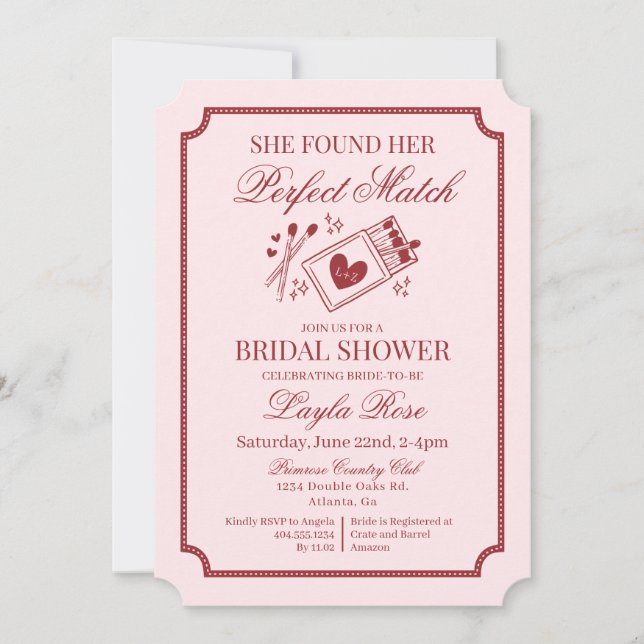 Invitación Perfect Match Made in Heaven Pink Bridal Shower (Anverso)