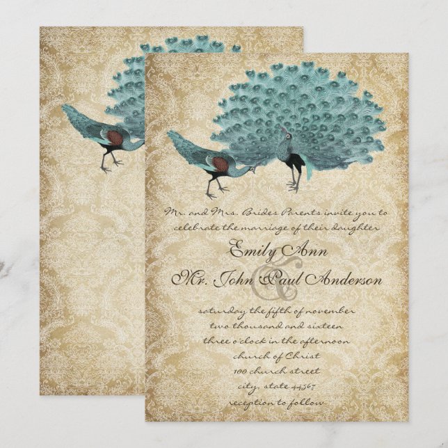 Invitación Perfect Pair Aqua Aged Damask Peacock Elegance (Anverso / Reverso)
