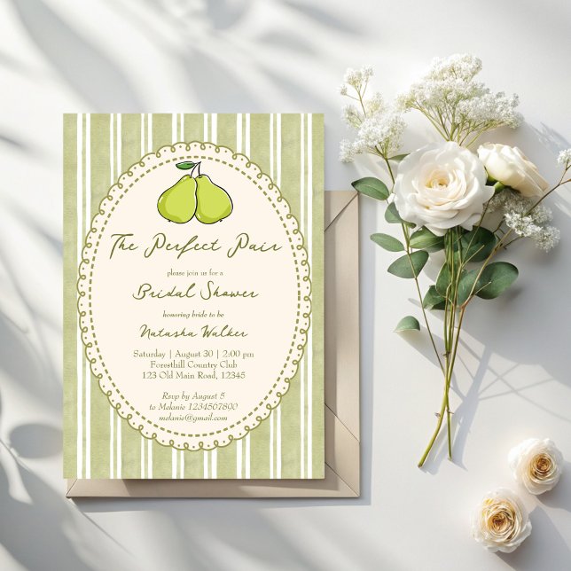 Invitación Perfect pair sage green stripe pear bridal shower (Perfect pair sage green stripe pear bridal shower invitation cards template
)