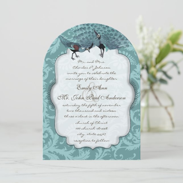 Invitación Perfecto Pair Sea Blue Damask Peacock Elegancia (Anverso de pie)