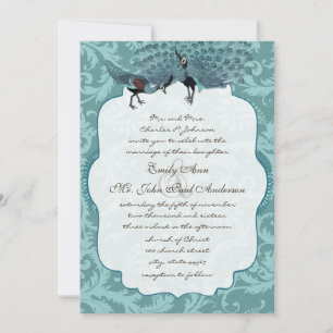 Invitación Perfecto Pair Sea Blue Damask Peacock Elegancia