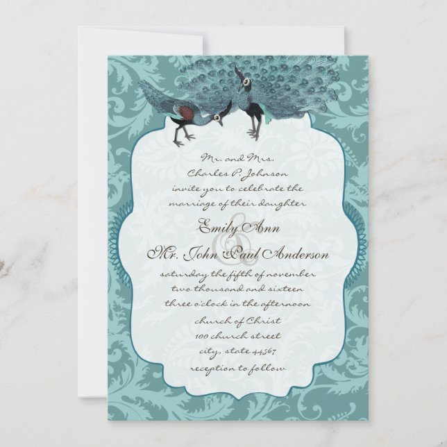 Invitación Perfecto Pair Sea Blue Damask Peacock Elegancia (Anverso)