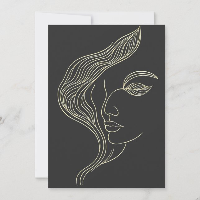 Invitación Perfil de mujer con hoja arte de línea elegante (Anverso)