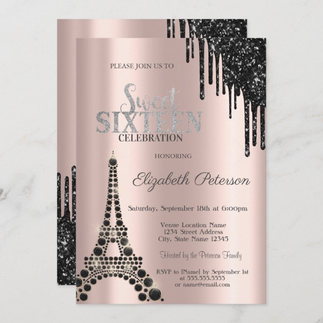 Invitación Perforaciones de brillo,Dulce de la Torre Eiffel N (Anverso / Reverso)