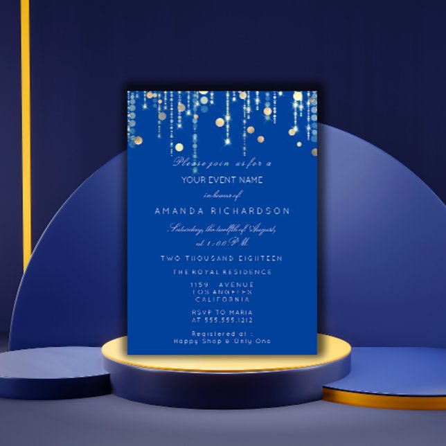 Invitación Perforaciones de oro azules reales Ducha de novias (Royal Blue Gold Drips Birthday Bridal Shower Invitation)