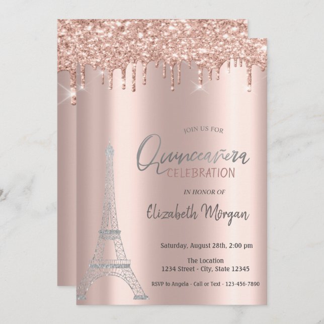 Invitación Perforaciones de oro Rosa, Torre Eiffel Quinceaner (Anverso / Reverso)