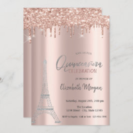 Invitación Perforaciones de oro Rosa, Torre Eiffel Quinceaner