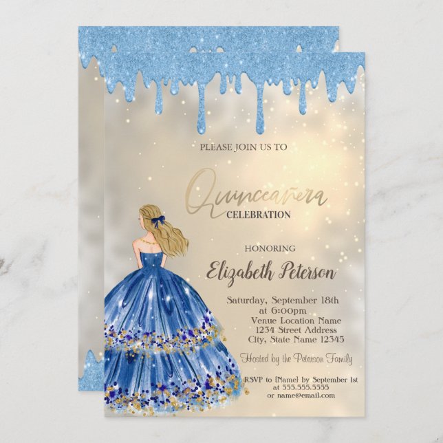 Invitación Perforaciones de Purpurina azul claro, oro de Chic (Anverso / Reverso)