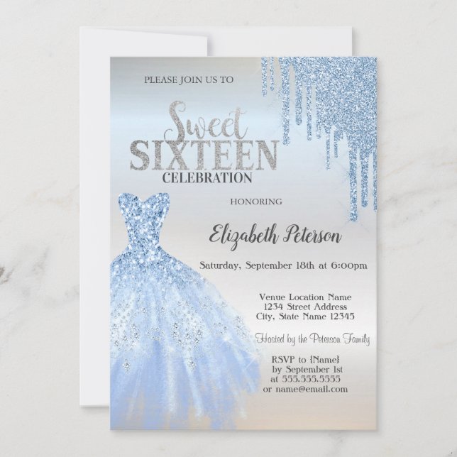 Invitación Perforaciones de Purpurina azul,Dress azul dulce 1 (Anverso)