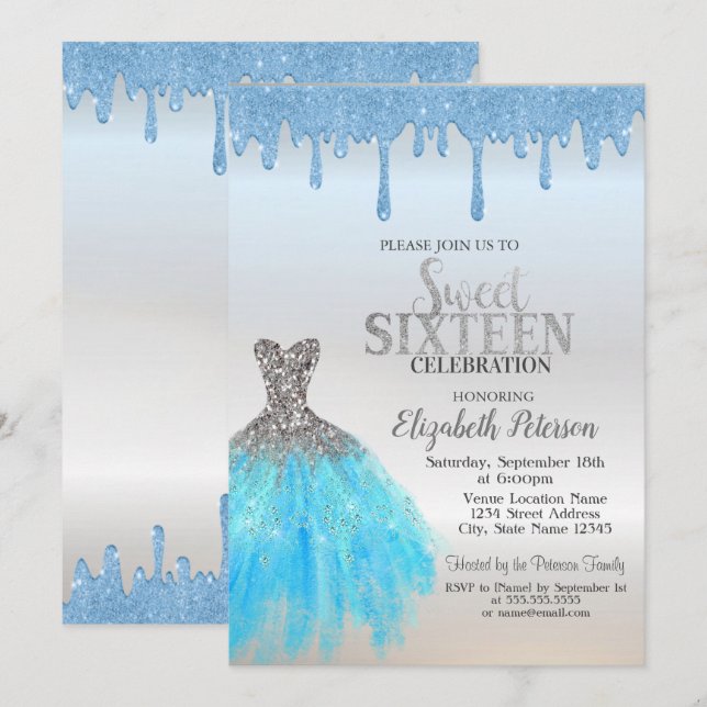 Invitación Perforaciones de Purpurina azul,Dress azul dulce 1 (Anverso / Reverso)