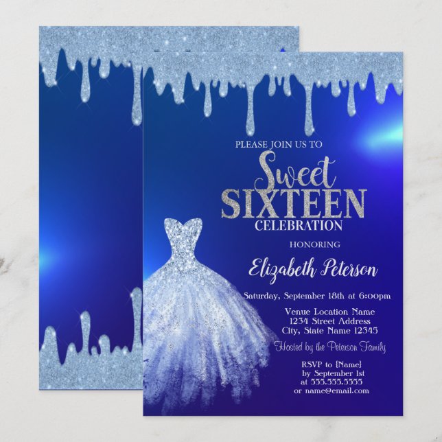 Invitación Perforaciones de Purpurina azul, Dress Blue Sweet  (Anverso / Reverso)