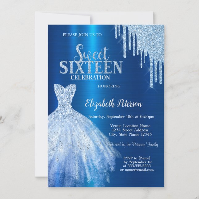 Invitación Perforaciones de Purpurina azul, Vestido azul metá (Anverso)