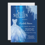 Invitación Perforaciones de Purpurina azul, Vestido azul metá<br><div class="desc">Elegante vestido azul y purpurina azul gotea sobre un fondo azul metálico. Estas invitaciones se personalizan fácilmente para su evento simplemente añadiendo sus detalles.</div>