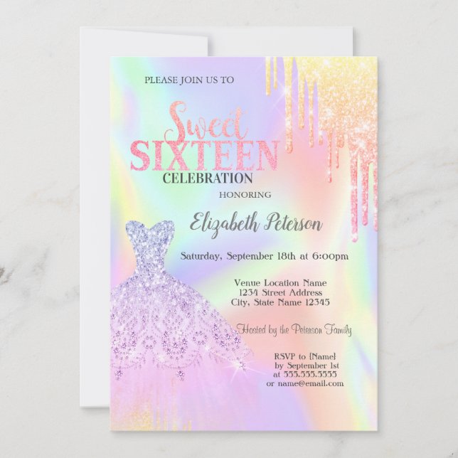 Invitación Perforaciones de Purpurina de Guay, Dulce Holográf (Anverso)