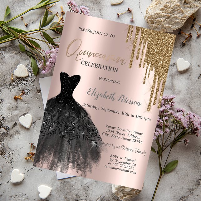 Invitación Perforaciones de Purpurina de oro de moda, vestido (Subido por el creador)