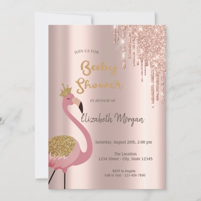 Invitación Perforaciones de Purpurina de oro Rosa, flamencos  (Anverso)