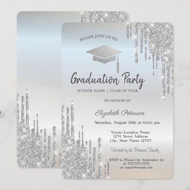 Invitación Perforaciones de Purpurina de tapón de graduación  (Anverso / Reverso)