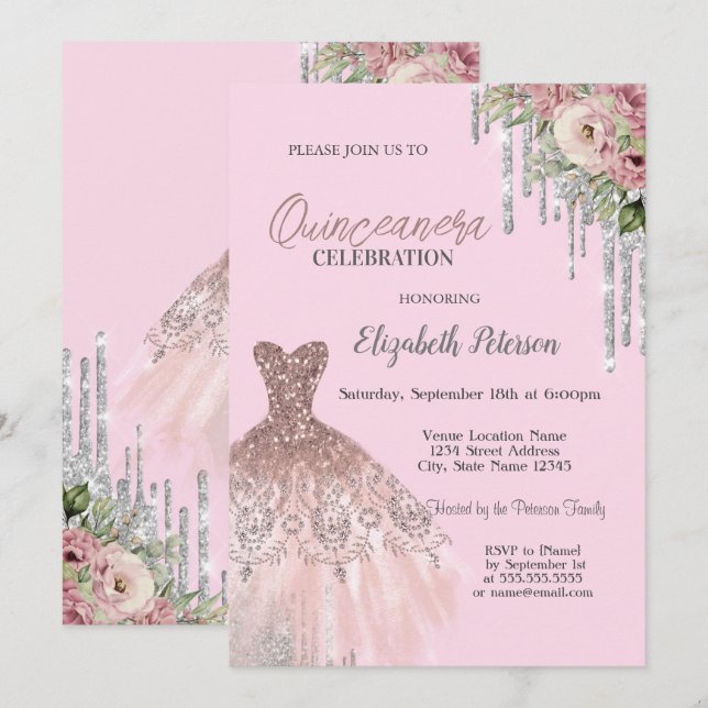 Invitación Perforaciones de Purpurina Guay, Quinceanera rosa  (Anverso / Reverso)