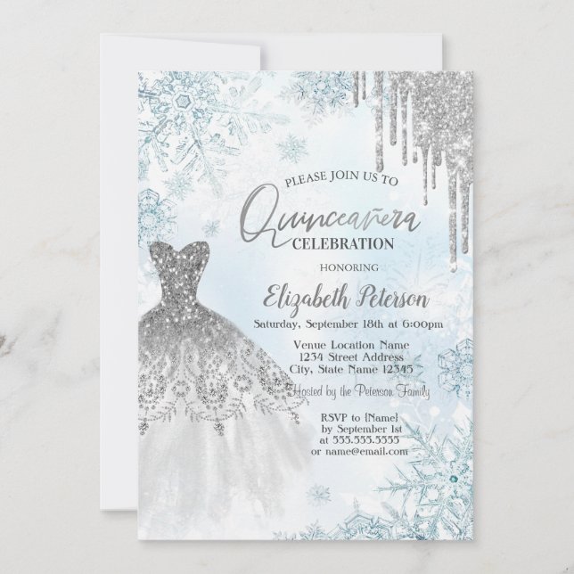 Invitación Perforaciones de Purpurina plateado, copos de niev (Anverso)