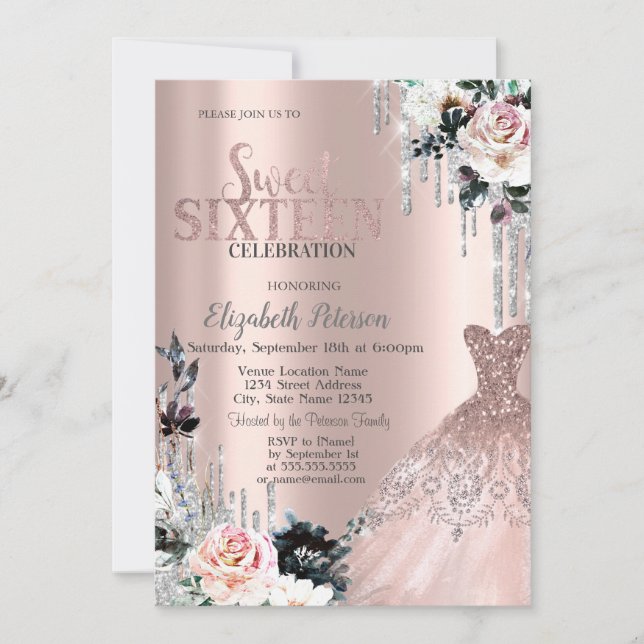 Invitación Perforaciones de Purpurina plateado, Rosas de vest (Anverso)