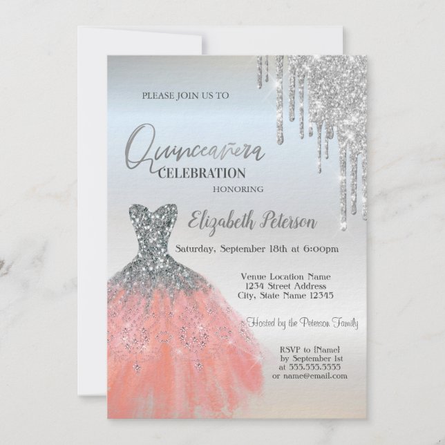 Invitación Perforaciones de Purpurina plateado,Vestido Silver (Anverso)
