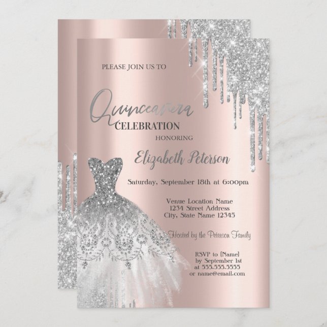 Invitación Perforaciones de Purpurina plateado, vestidor Rosa (Anverso / Reverso)