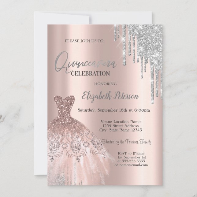 Invitación Perforaciones de Purpurina plateado, vestidor Rosa (Anverso)