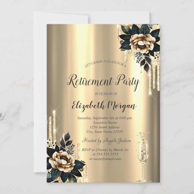 Invitación Perforaciones de purpurina, retiro de oro de Rosas (Anverso)