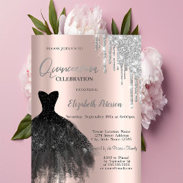 Invitación Perforaciones de purpurina, Rosa de vestir negro o
