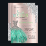 Invitación Perforaciones de purpurina, Rosa de vestir verde d<br><div class="desc">Elegante vestido de plata y purpurina plateado gotea sobre un rosa de fondo dorado.</div>
