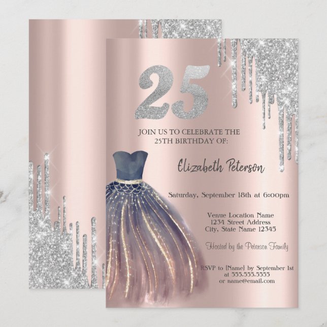 Invitación Perforaciones de purpurina, vestido de Moda 25 cum (Anverso / Reverso)