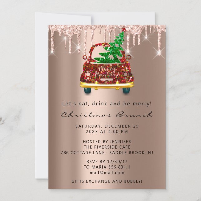 Invitación Perforaciones de Rosa de brunch Navidades de coche (Anverso)