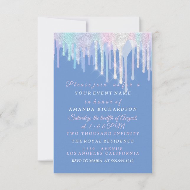 Invitación Perforaciones Holográficas Unicornio Azul Rosa Qui (Anverso)