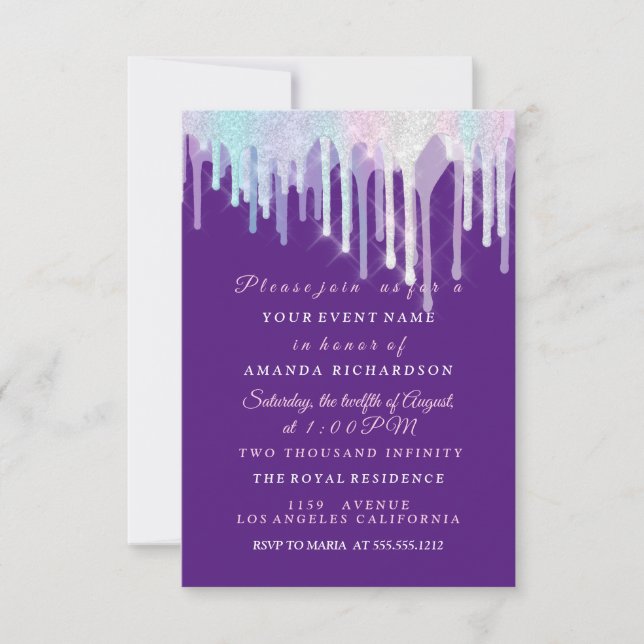 Invitación Perforaciones holográficas unicornio dulce morado  (Anverso)