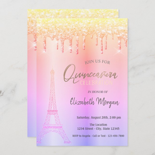 Invitación Perforaciones Ombre, Torre Eiffel Quinceañera (Anverso / Reverso)