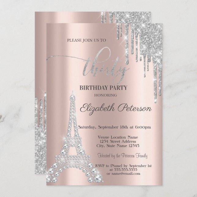 Invitación Perforaciones plateadas, Diamantes Torre Eiffel 30 (Anverso / Reverso)