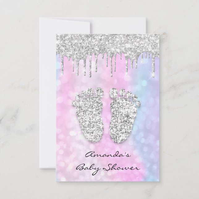 Invitación Perforaciones Plateadas Niña Bebé Azul Rosa Pies D (Reverso)