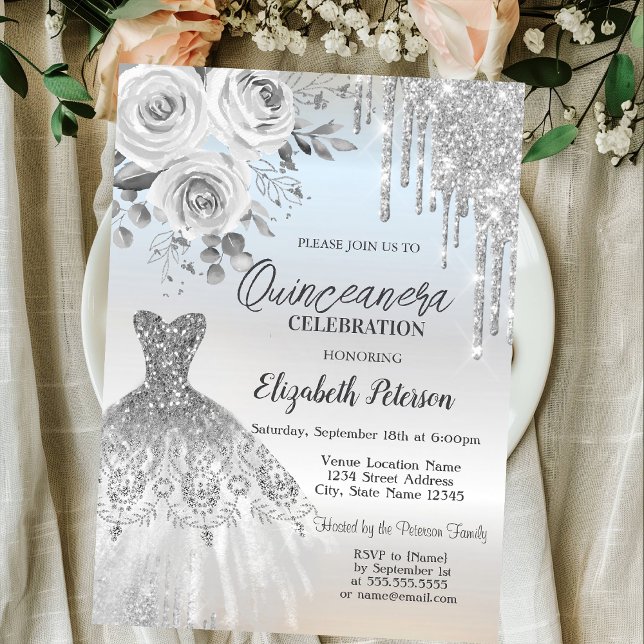 Invitación Perforaciones plateadas, Rosas de ropa Plata Quinc (Subido por el creador)