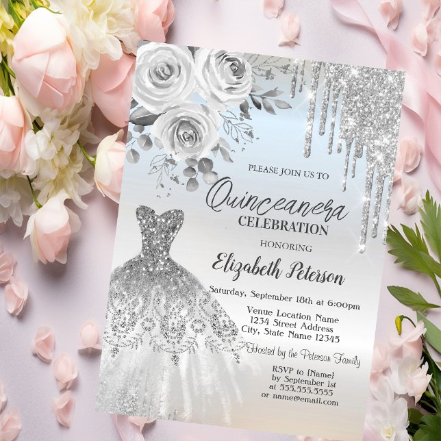 Invitación Perforaciones plateadas, Rosas de ropa Plata Quinc (Subido por el creador)