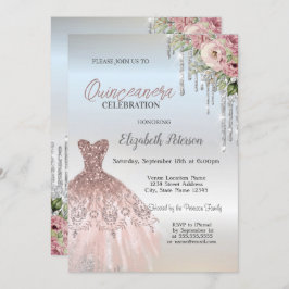 Invitación Perforaciones plateadas, Rosas de ropa Plata Quinc