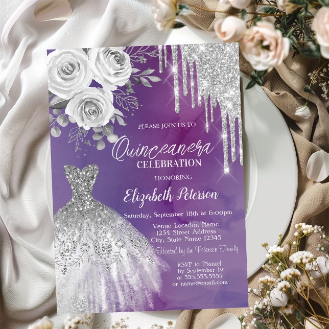 Invitación Perforaciones plateadas, Rosas de vestir Quinceane (Subido por el creador)