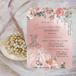 Invitación Perforaciones plateadas, Vestido,Rosas Quinceanera