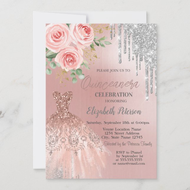 Invitación Perforaciones plateadas, Vestido,Rosas rosadas Qui (Anverso)